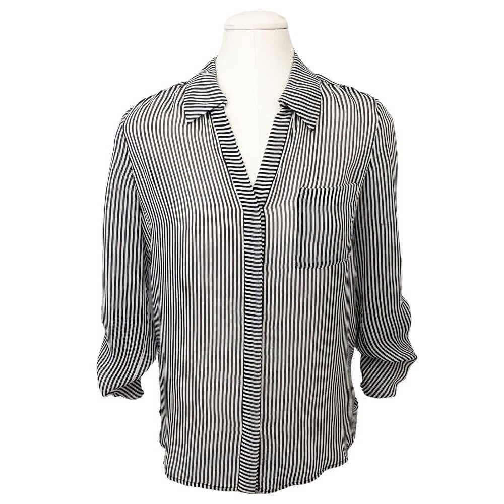 DVF Diane Von Furstenberg Lorelei Two Black/White Silk Striped SheerBlouse Sz.10 - Picture 4 of 9